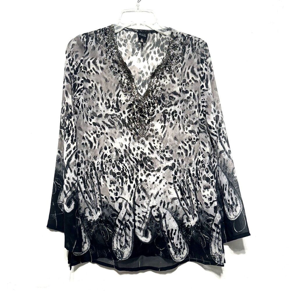 BLACK Saks Fifth Avenue Blouse Sheer Beaded Top Animal Print Women sz Small